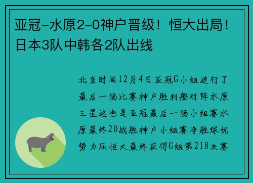 亚冠-水原2-0神户晋级！恒大出局！日本3队中韩各2队出线