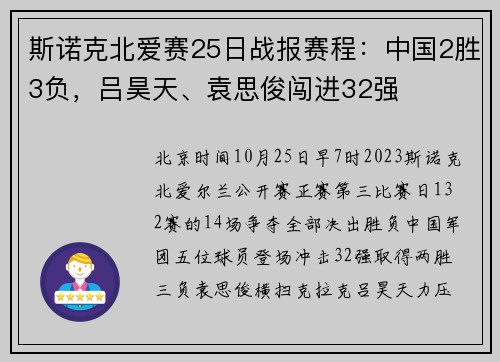 斯诺克北爱赛25日战报赛程：中国2胜3负，吕昊天、袁思俊闯进32强