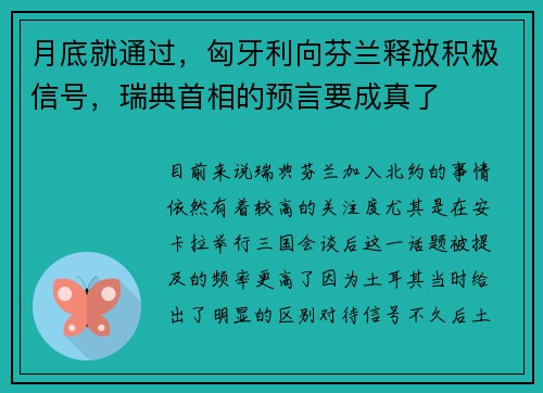 月底就通过，匈牙利向芬兰释放积极信号，瑞典首相的预言要成真了