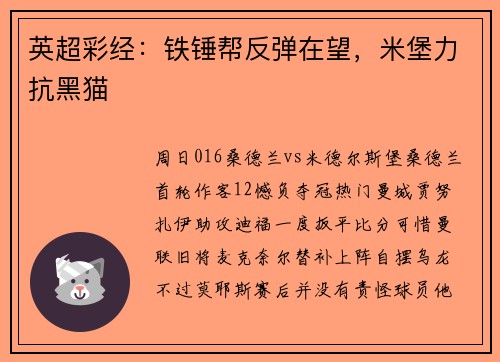 英超彩经：铁锤帮反弹在望，米堡力抗黑猫